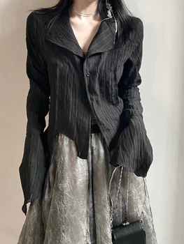 2023 Noi Y2k Bluza Femei Vintage Tricou Negru Gotic Harjauku Cutat Butonul De Sus Coreean Inchis Strans Maneca Lunga Estetic Feminin