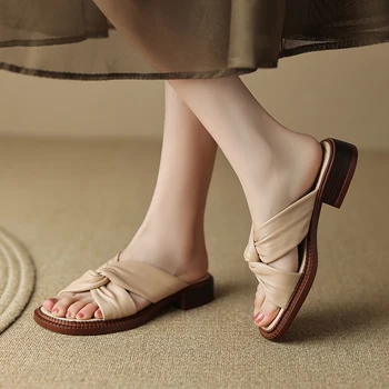 2023 Vara Femei Pantofi din Piele cu Toc mic pentru Femei Sandale Pantofi pentru Femei Concis Pantofi Plat Femeie sandale Papuci