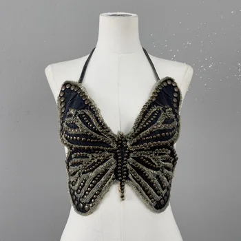 2023High de Calitate la Modă Vesta pentru Femei Nișă de Vară Nou Design Sens Talie Strânse Scurt Stil Arătos Șirag de mărgele Fluture Sutien Y2k