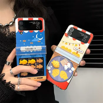 3D Taiyaki Decor Caz Telefon cu Curea pentru Samsung Galaxy ZFlip 4 3 Capac Greu pentru ZFlip5 Zflip4 Coajă Solid Suport