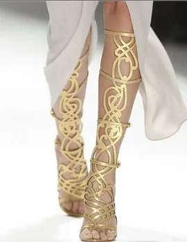 Aur-ton oglindă laser decupaj picioare sexy genunchi-lungime etapă sandale pentru pista roma sandale zână glezna cizme
