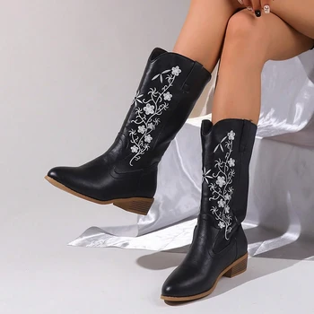 Broderie Flori Tocuri Joase Cizme De Vest Femei 2023 Toamna A Subliniat Toe Cowboy Boots Femei Plus Dimensiune 43 Pu Negru Din Piele Botas