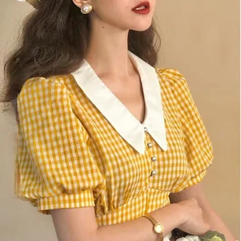 Cottagecore Crop Top Galben Bluze De Vara Kawaii Puff Sleeve Plaid Shirt Femei Carouri Franceză Stil Retro 2023 Vintage