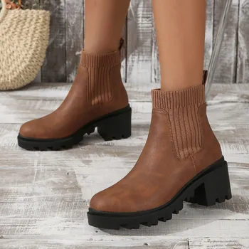 Culoare solidă Slip-On Șosete Cizme Femei cu Fund Gros Cizme de Moda Cizme Glezna Pantofi Casual în aer liber, Anti-derapare Womam Cizme Zapatos
