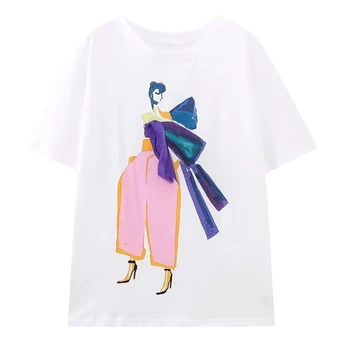 Dave&Di Podium de Moda T-shirt Fata Imprimate Gât Rotund cu Mâneci lungi de Top de Bumbac de Vară Casual pentru Femei