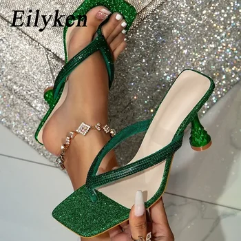 Eilyken Sequin Cristal Pătrat Clip Degetul Femei Papuci De Vara Superficială Scăzută Tocuri Flip-Flops Pantofi De Sex Feminin, Zapatos De Mujer