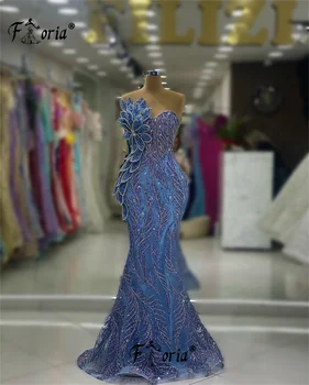 Elegant Dubai Cristal Sirena Formale Halat De Serată Margele 3D Aplicatii arabă Rochie de Bal Rochii de Partid Albastru 2023 Rochii de Seara