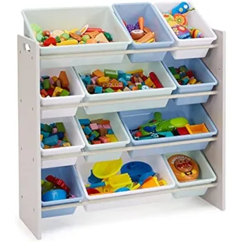 Elementele de bază Jucărie pentru Copii Organizator de Stocare cu 12 bidoane de Plastic, Lemn Gri cu Albastru Containere de stocare containere de depozitare