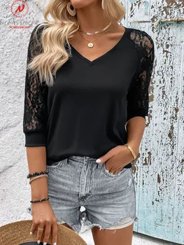Femei De Moda De Vară Solid De Culoare T-Shirt Design Mozaic Decor Dantela Vedea Prin V-Neck Maneca Jumătate Slim Pulovere Top
