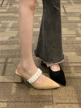 Femei Sandale de Primăvară și de Toamnă 2023 Nouă Epocă de Perla Toc Gros Anti-alunecare Subliniat Sifon de Cusut Pantofi cu Toc