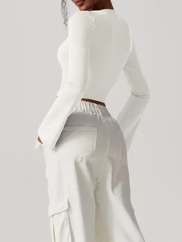 Femei Sexy s Square Neck Crop Top Y2K Slim Fit Flare Sleeve T Shirt de Bază Dublu Căptușite Tricouri
