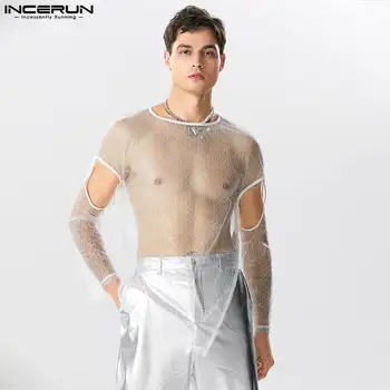 INCERUN Topuri 2023 Stil American Sexy Bărbați Gol Perspectivă Mesh T-shirt Petrecere de Moda Fierbinte de Vânzare Maneca Lunga Camiseta S-5XL