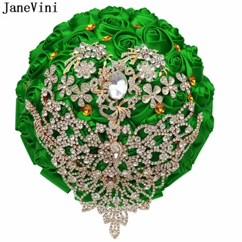 JaneVini De Lux Cristal Verde Flori Mireasa Buchete De Nunta De Aur Pietre Satin Rose Artificiale Mireasa, Accesorii De Flori