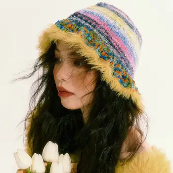 Japoneze Ins Dopamina Plus Colorate Găleată Pălărie Femei Toamna Iarna Contrast Dungi Căciuli De Lână Pălărie De Sex Feminin Cald Pălărie De Pescar
