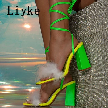 Liyke Nou Design Pufos Pene Sandale Feminin Open Toe Dantela-Up Pătrat Verde Tocuri Inalte Legați În Cruce Femei Pantofi De Vara Sandalias