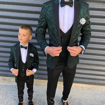 Moda Tatăl Și Fiul Se Potriveste 3 Piese Slim Fit Jacquard Nunta Mirele Fracul Sacou Verde Băieți Barbati Casual Petrecere Costum Set Personalizat