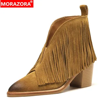 MORAZORA 2023 Nouă Alunecare Pe Franjuri de Vaca piele de Căprioară Cizme pentru Femei Doamnelor Tocuri Groase Pantofi Retro Primavara Toamna Glezna Cizme
