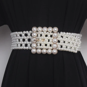 Multi-strat Pearl Țesute Bandă Elastică Femei Elegante Largă Perle Curele Talie Circulară, Pătrată Catarama Perla Centura Corset Decor