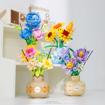 Nemuritoare Floare Bloc Micro Crescut Vaza de Plante de Floarea-soarelui Etern Flori Violet Model 3D Caramida Jucării Pentru Decor Acasă