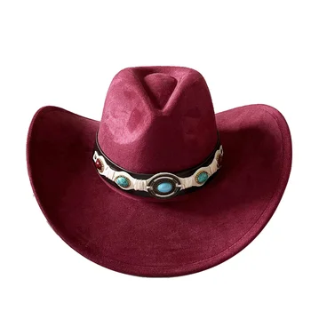 Piele de căprioară de Vin Roșu Bijuterie Pălărie de Cowboy Nouă Dimensiune Mare Pălărie de Cowboy piele de Căprioară Material Picătură de Apă de Sus Bărbați și Femei Cavaler Palarie 2023