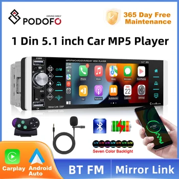 Podofo 1 Din Carplay, Android auto mp5 Player 5.1