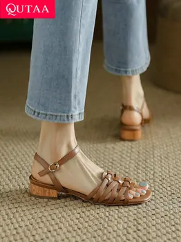 QUTAA 2022 Femei Sandale Roma Stil Gros Tocuri Joase Pompe de Piele de Moda Casual de Vara Gladiator Pantofi de Femeie Dimensiune 34-39