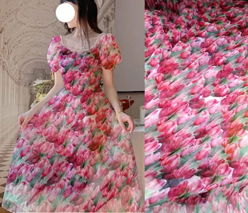 Rochie de lux de cusut Flori Roșii de Imprimare Crep de chine Satin 100%mătase de dud tesatura de curte tul rola tissus noel craciun