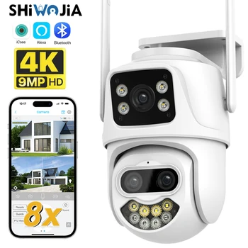 SHIWOJIA 9MP 4K de Exterior PTZ Camera Wifi 8X Zoom Trei Lentile cu Ecran Dual Umane Detecta Urmărire Automată de Supraveghere CCTV iCSee