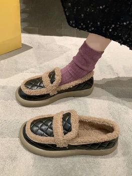 Superficial Gura Rotund Toe coreean Pantofi Mocasini Cu Blana Toamna Casual Femei Adidași Dress Apartamente Femei Slip-on All-Meci 2023 Fal