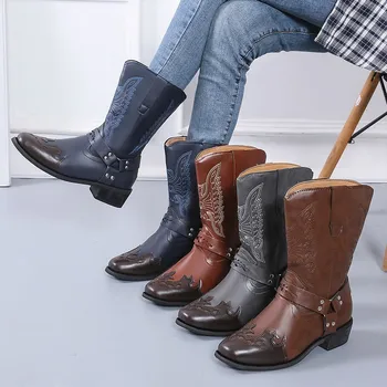 Toamna Iarna Broderie Femei Cizme Rotund Toe Slip on Boot Piele Indesata Toc Casual Pantofi pentru Femei la Jumătatea Vițel Cizme de Cowboy de Vest