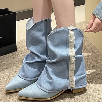 Toamna Indesata Toc Pantofi pentru Femei 2023 Noua Moda Denim Vest Femei Cizme de Cowboy Pionted Degetul Femei la Jumătatea Vițel Cizme