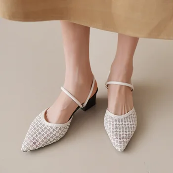 Tocuri inalte 2023 Femei Sandale de Vară Plasă Transparentă Sandale 5.5 cm Toc Bloc Pompe de Moda Sandale Tocuri Birou Doamnă Pompe