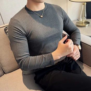 Tricou Pentru Barbati Toamna Iarna coreean Îmbrăcăminte de Lux Guler Rotund cu Maneca Lunga pentru Bărbați T-Shirt Elastic Slim Fit Topuri Casual&Tees
