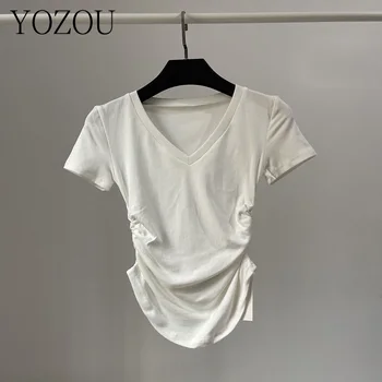 [YOZOU] Kpop Scurt Maneca V Gat Decupa Partea de Sus se Pliază Shirring Bază Solidă Tricou Roz Negru Alb Gri Y2k Copilul Tee High Street